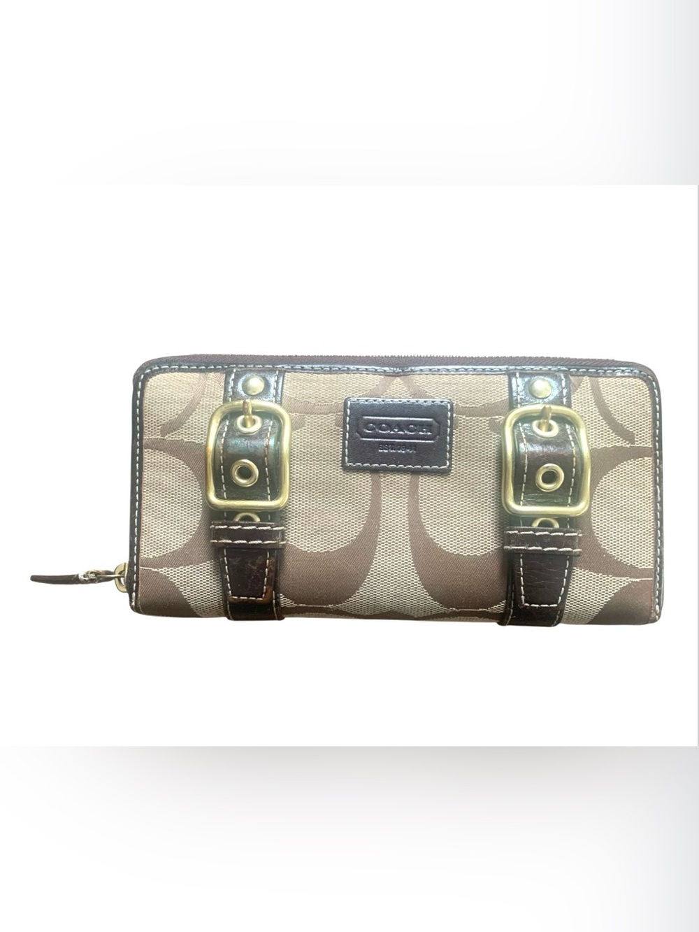 COACH Long Zip Around Signature C Wallet Khaki/Mahogany Gold Brass Hardware